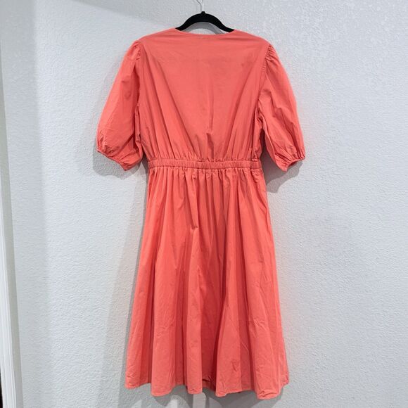 The Drop Tie Front Puff Sleeve Midi Dress Orange Cutout Waist Size XL Cotton - Picture 2 of 10